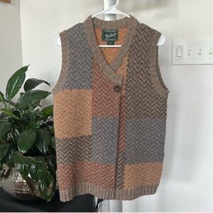 Woolrich Lambswool Knit Sweater cardigan Vest Sz S BOHO Patch Pattern Neutral